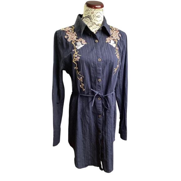 Como no long sleeve tunic button down shirt dress  L  Navy - Picture 1 of 6